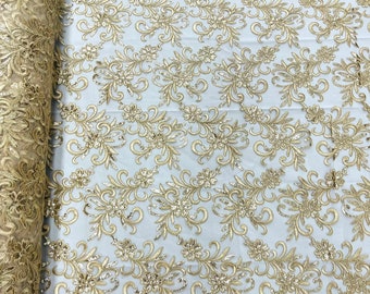 Beige corded flowers embroider with sequins on a mesh lace fabric-sold by the yard-