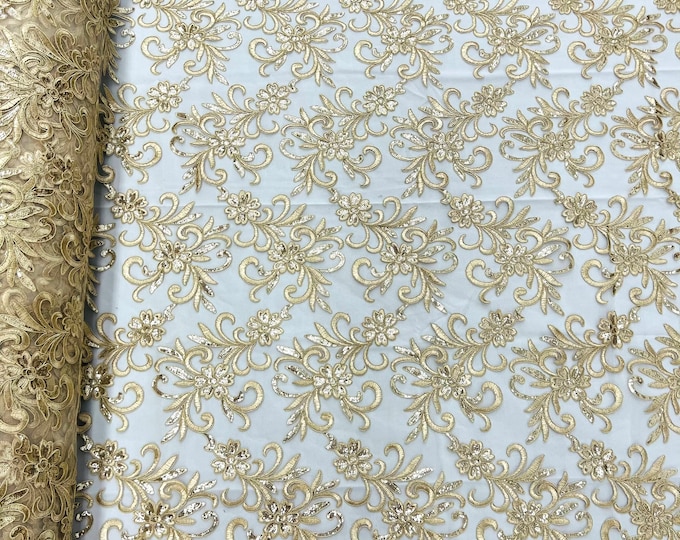 Beige corded flowers embroider with sequins on a mesh lace fabric-sold by the yard-