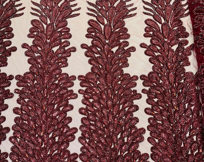 New Vegas heavy beaded feather design embroidery on a mesh fabric-Sold by the panel- Burgundy