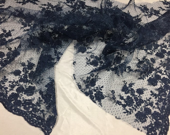 Sensational navy blue flowers Embroider And Corded On a Polkadot Mesh Lace-prom-nightgown-decorations-dresses-sold by the yard.