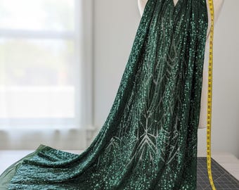 Sequins on Mesh, Hunter Green Geometric Design Fabric with 4 Way Stretch