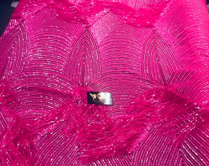 NEW!! Neon hot pink iridescent fringe sequins design on a 4 way stretch mesh fabric-prom-nightgown-sold by the yard-free shipping in the USA