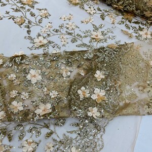 Champagne 3D Princess Satin Flower Glitter Sequin Lace Fabric 54" Wide ...