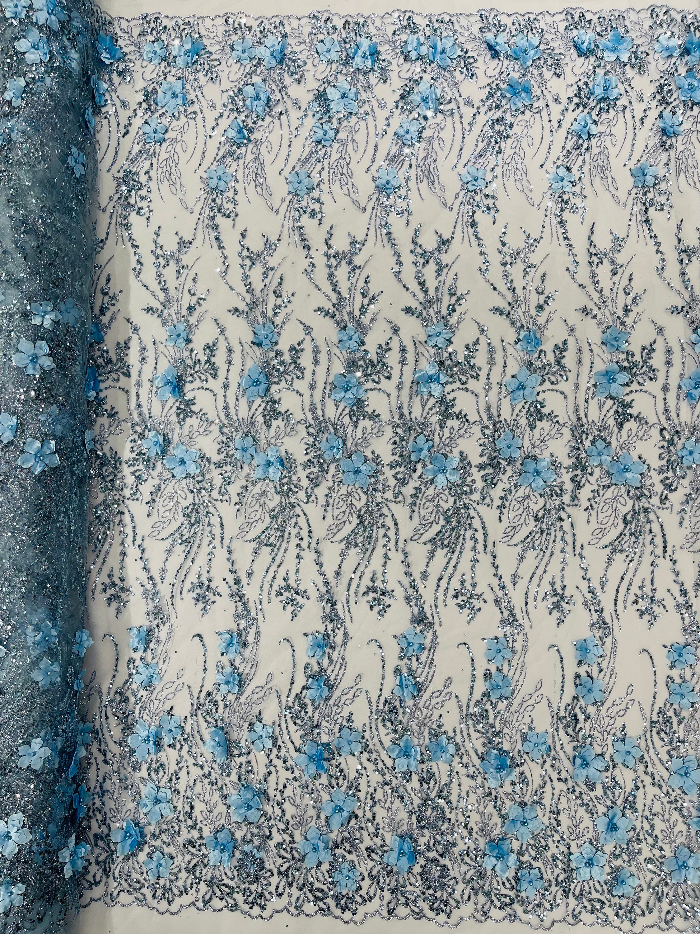 Light Blue 3d Luxury Satin Flower Glitter Sequin Fabric/prom Fabric ...