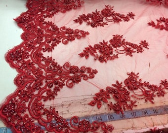 Elegant red hand beaded mesh lace. Wedding/Bridal fabric lace.36x50inches-prom-nightgown-decorations-Sold by the yard.