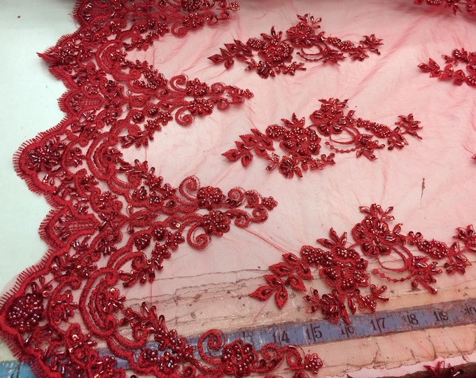 Elegant red hand beaded mesh lace. Wedding/Bridal fabric lace.36x50inches-prom-nightgown-decorations-Sold by the yard.