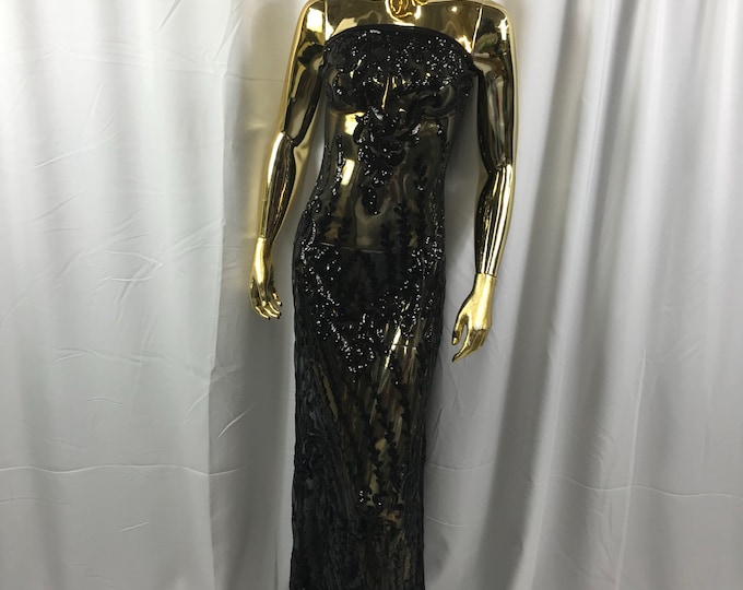 Black 4 way Stretch power mesh lace embroidered with shiny sequins-dresses-fashion-apparel-prom-nightgown-decorations-sold by the yard.