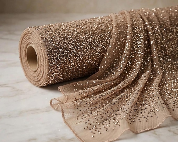 Rose Gold Rhinestone Mesh Fabric 60” Wide | Sheer Stretch Crystal Glitter Mesh by Yard | Wedding Dress Dance Costume Luxury Fabric