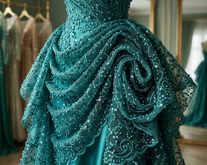 Teal Luxury Beaded Mesh Lace Fabric by the Yard, Sequined Embroidered Lace for Wedding Dresses, Prom Gowns, Couture Evening Wear