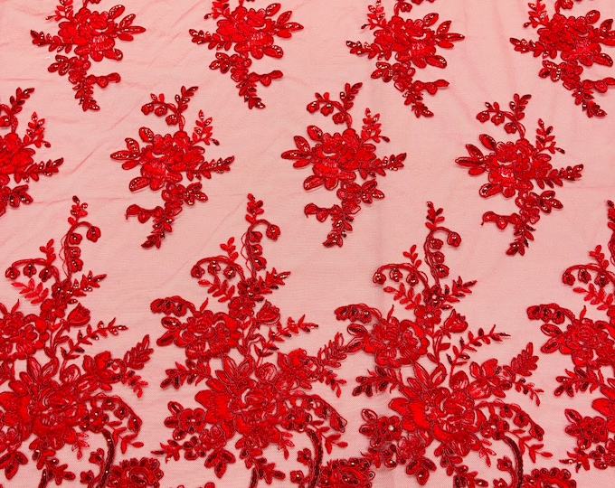 Red flower lace corded and embroider with sequins on a mesh-Sold by the yard.