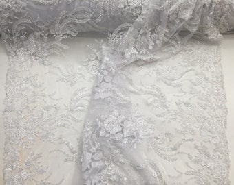 White French Design Embroider And Beaded On A Mesh Lace-wedding-bridal-prom-nightgown-sold by the yard.