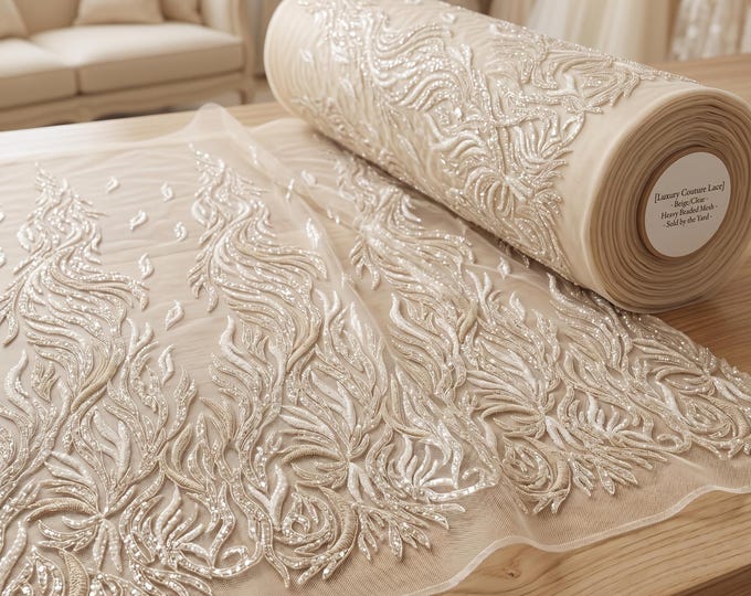Beige Feather Embroidered Mesh Lace Fabric By The Yard, Heavy Beaded Sequin Bridal Lace For Wedding Dresses & Couture Gowns
