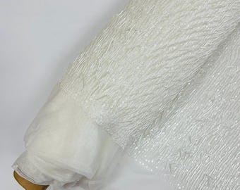 Off White - Vegas Beaded Sequin Stretch Mesh Fabric, Embroidered Design for Prom Gown, by The Yard