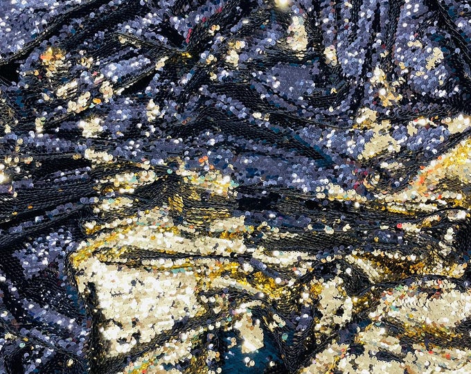 Black Gold Reversible Color Changing Sequin Fabric| 54" Wide| Stretch Polyester Spandex.