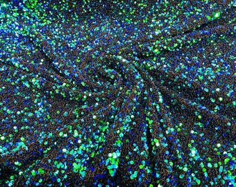 Green Iridescent All-Over 5mm Shiny Sequins Black Stretch Velvet 54" Wide.