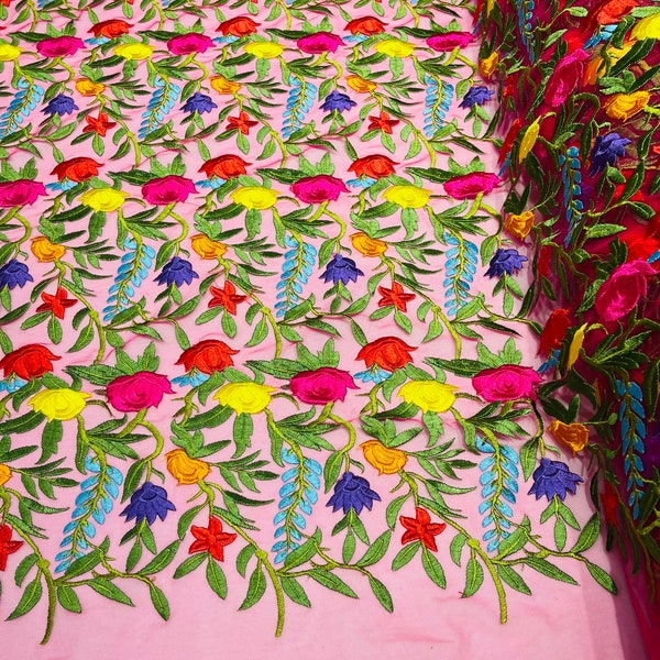 Maria multi color Mexican Sarape floral design embroider on a Fuchsia mesh lace-sold by the yard.