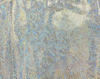 Silver/white Shattered Glass Foil Hologram/58” Wide/4 Way Stretch Spandex Nylon Tricot by the yard.