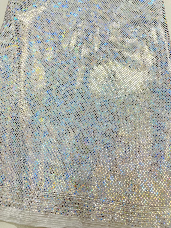 Silver and Blue 4 Way Stretch Metallic Iridescent Mesh Fabric