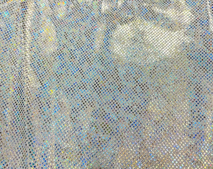 Silver/white 58/60” Wide Shattered Glass Foil Iridescent Hologram Dancewear 4 Way Stretch Spandex Nylon Tricot Fabric by the yard.