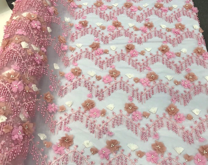 Pink 3d multi color chiffon flowers embroidery with pearls chevron design on a mesh lace-dresses-prom-nightgown-sold by yard-free shipping.