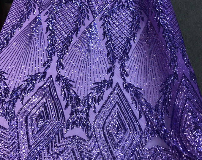 Lavender geometric diamond design with shiny sequins on a 4 way stretch mesh-dresses-peom-nightgown-sold by the yard-free shipping in USA-
