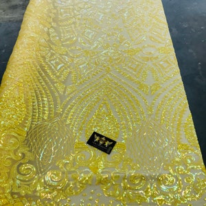 New yellow iridescent diamond design with sequins on a 4 way stretch mesh-prom-nightgown-Sold by the yard-