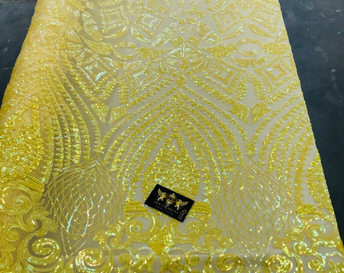 New yellow iridescent diamond design with sequins on a 4 way stretch mesh-prom-nightgown-sold by the yard-free shipping in the USA.