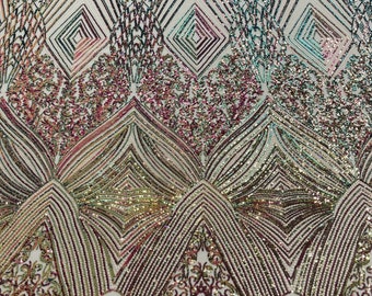 Purple Green Iridescent geometric diamond design with shiny sequins on a nude 4 way stretch mesh fabric- sold by the yard.