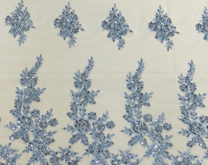 Light Blue floral design embroider and beaded on a mesh lace fabric-Wedding/Bridal/Prom/Nightgown fabric.