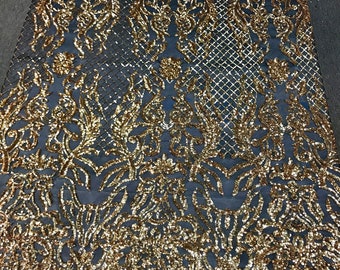 Gold shiny sequin damask design embroidery on a 4 way stretch black mesh-dresses-fashion-prom-nightgown-sd by the yard-free shipping.