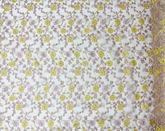 Lilac  multi color gold metallic floral design embroider on a ivory mesh lace-dresses-sold by the yard.