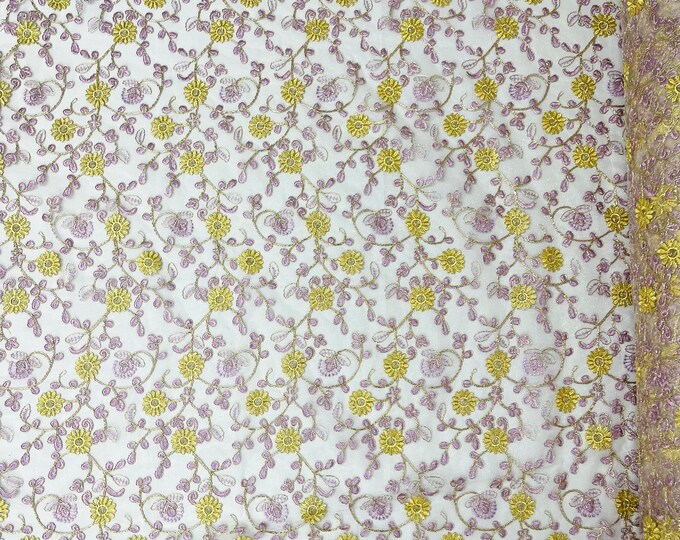 Lilac  multi color gold metallic floral design embroider on a ivory mesh lace-dresses-sold by the yard.