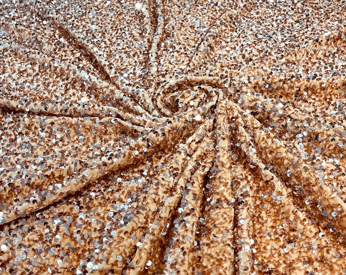 Rose Gold / Champagne stretch velvet with luxury sequins all over 5mm shining sequins 2-way stretch, sold by the yard.