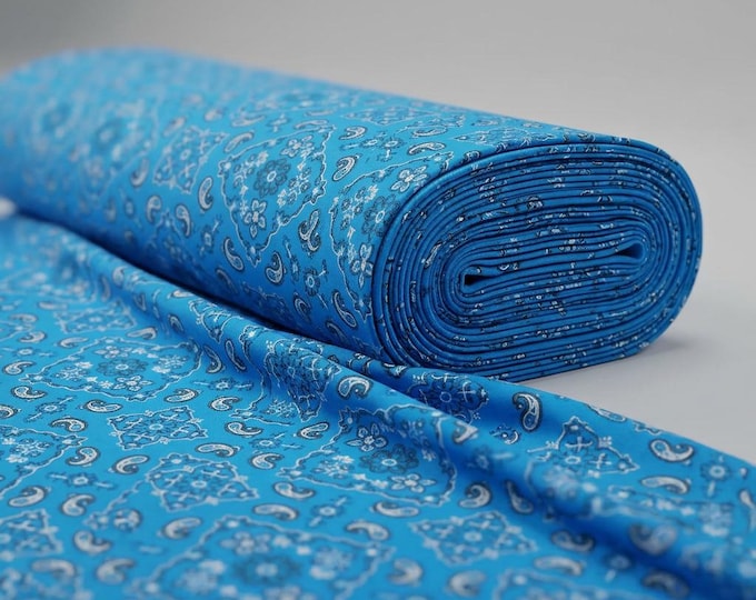 Turquoise Metallic Bandana Print Stretch Tricot Spandex Fabric By The Yard, 4 Way Nylon Lycra Swimwear Fabric