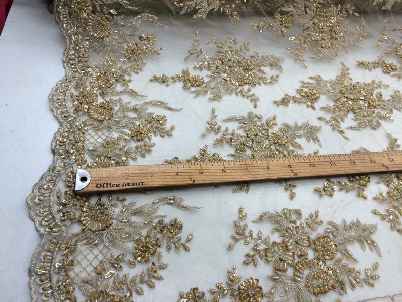 Elegant hand beaded design embroider on a glitter mesh lace-prom-sold by the yard. White main image 0
