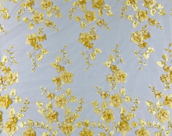 Gold Double Scalp Orquidia 3d floral design embroider with pearl in a mesh lace fabric-dresses-fashion-decoration-prom-sold by the yard.