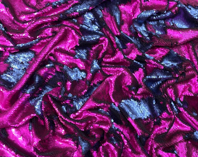 Fuchsia Navy Matte Reversible Color Changing Sequin Fabric| 54" Wide| Stretch Polyester Spandex.