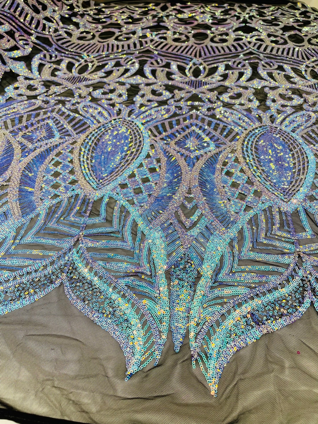 Aqua Blue Iridescent Royalty Sequin Design on a Black 4 Way Stretch ...