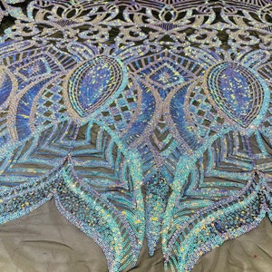 Aqua Blue Iridescent Royalty Sequin Design on a Black 4 Way Stretch ...