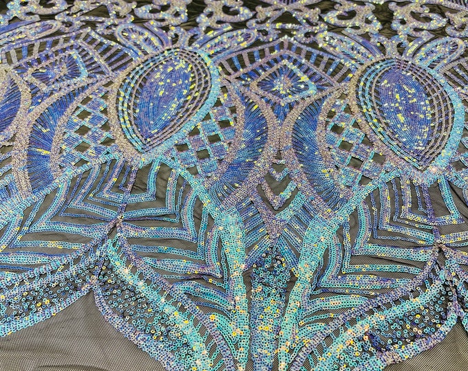 Aqua blue iridescent royalty sequin design on a black 4 way stretch mesh-prom-sold by the yard.