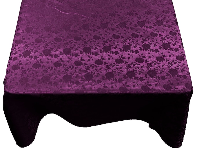 Plum Roses Jacquard Satin Rectangular Tablecloth Seamless/Party Supply.