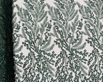Hunter Green Floral Beaded Lace Fabric /Wedding/Prom/Sequin lace Sold By The Yard.