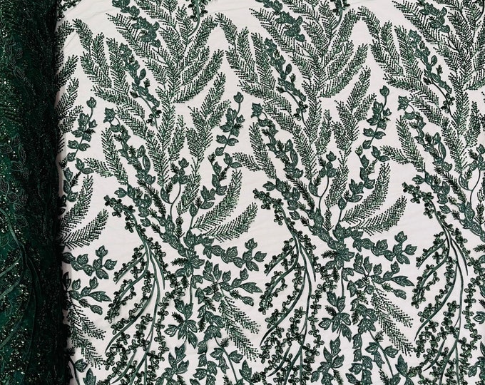 Hunter Green Floral Beaded Lace Fabric /Wedding/Prom/Sequin lace Sold By The Yard.