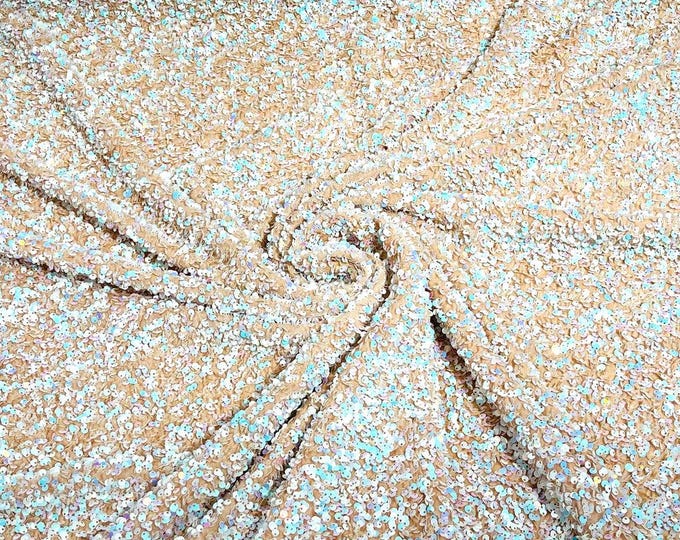 Aqua White Iridescent / Nude stretch velvet with luxury Silver sequins all over 5mm shining sequins 2-way stretch, sold by the yard.