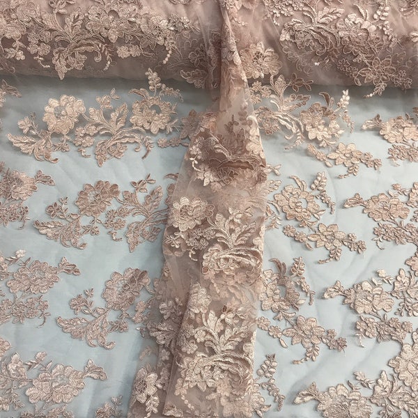 Blush pink floral design embroider and corded on a mesh lace fabric-fashion-decorations-prom-nightgown-sold by the yard.