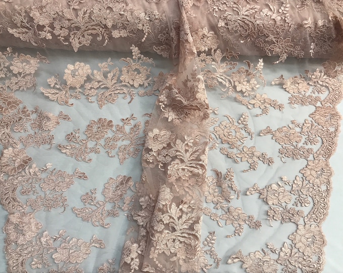 Blush pink floral design embroider and corded on a mesh lace fabric-fashion-decorations-prom-nightgown-sold by the yard.