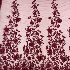 Burgundy princess 3d floral design embroider and beaded with pearls on a mesh lace-dresses-prom-nightgown-apparel-fashion-sold by yard.