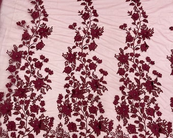 Burgundy Princess 3D Floral Embroidered Mesh Lace with Pearls| 54" Wide.