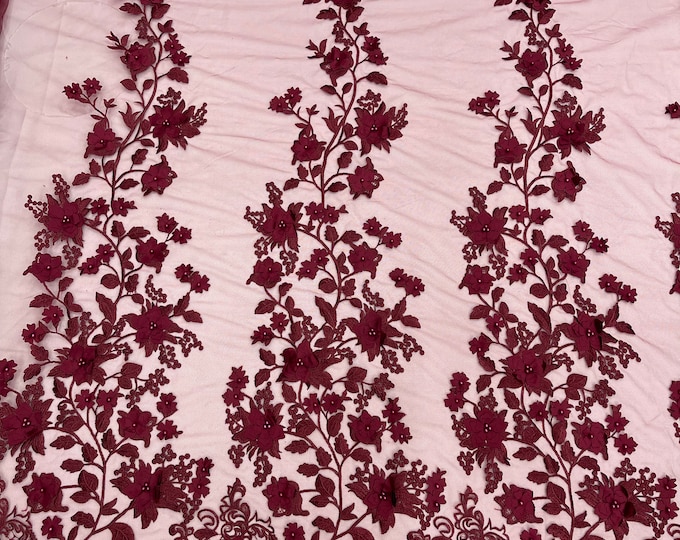 Burgundy princess 3d floral design embroider and beaded with pearls on a mesh lace-dresses-prom-nightgown-apparel-fashion-sold by yard.