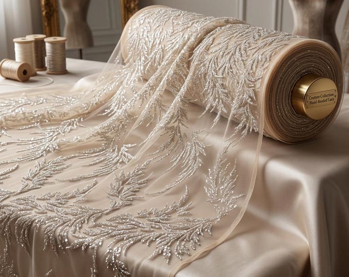 Clear Nude Hand Beaded Mesh Lace Fabric By The Yard, Embroidered Sequin Bridal Lace For Prom Dresses, Wedding Gowns & Couture Fashion